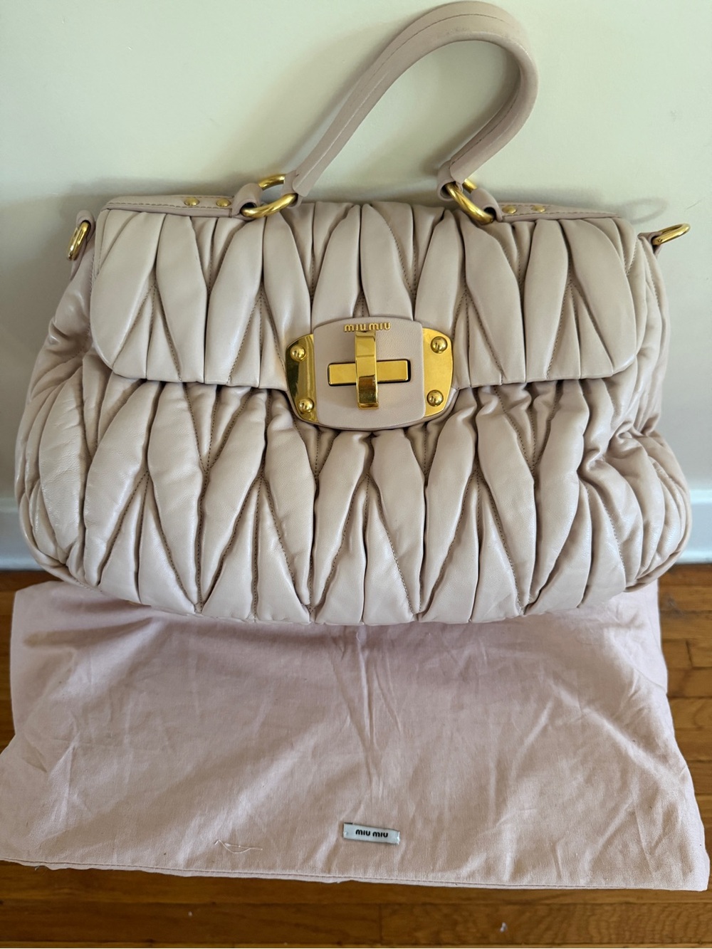 Miu Miu Quilted Pattina Leather Shoulder Bag in Cipria with Gold Hardware - Picture 8 of 12